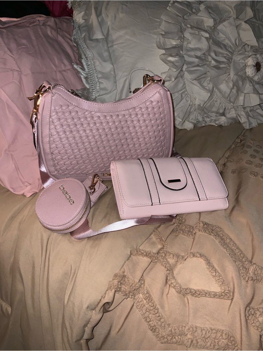 bebe Light Pink Woven Crossbody Bag with Wallet & Coin Pouch
